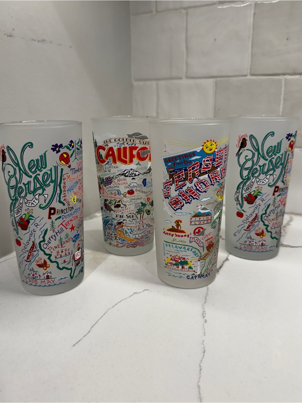 Set Of 4 Catstudio New Jersey Shore California Frosted Glass Tumblers Glasses